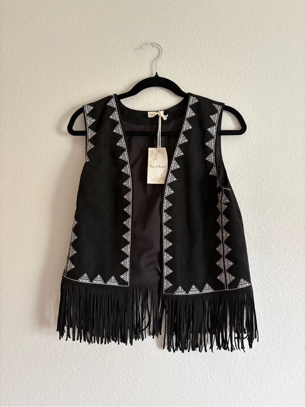 Hem & Thread Black Vest with White Geometric Embroidery